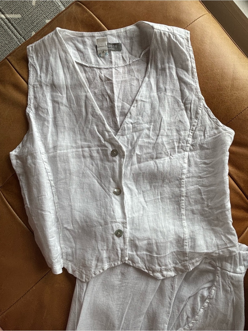 Pistache 100% Linen Vest and Cropped Pants Matching Set, Size Medium, White - Picture 2 of 14